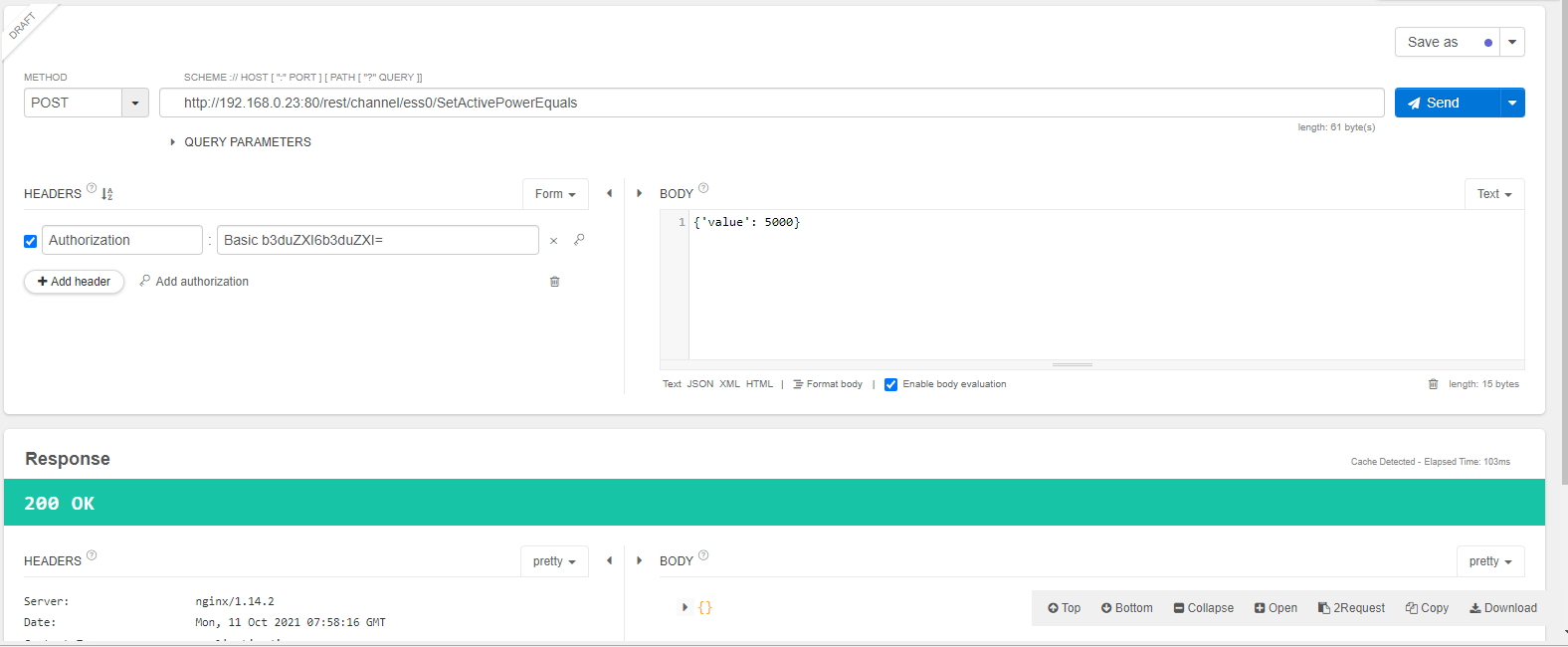 API client with POST request to SetActivePowerEquals and response 200 OK