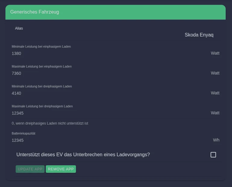 Editing an installed app with the buttons Update app and Remove app