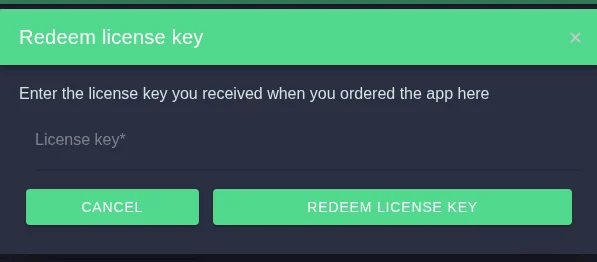 Dialogue for redeeming a licence key with input field and redeem button