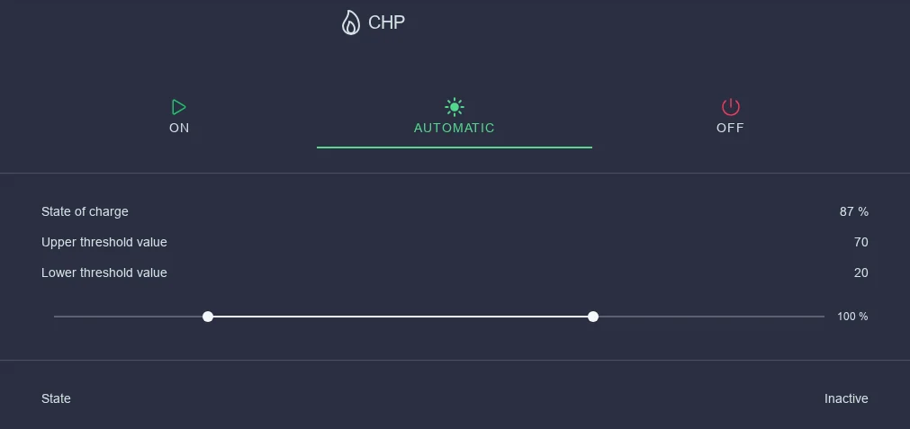 CHP settings in Automatic mode with state of charge, upper and lower threshold and slider