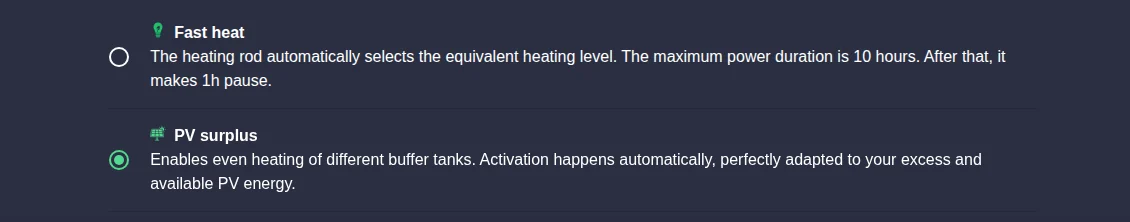 Choice of the heating modes Fast heat, PV surplus and No heating