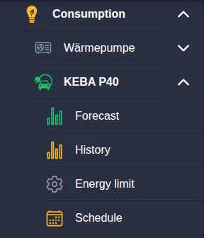 Menu items of the charging station