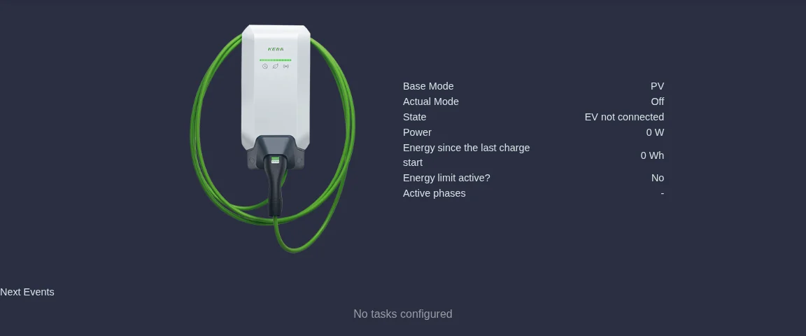 Start page of the charging station with base mode, state, power and next events