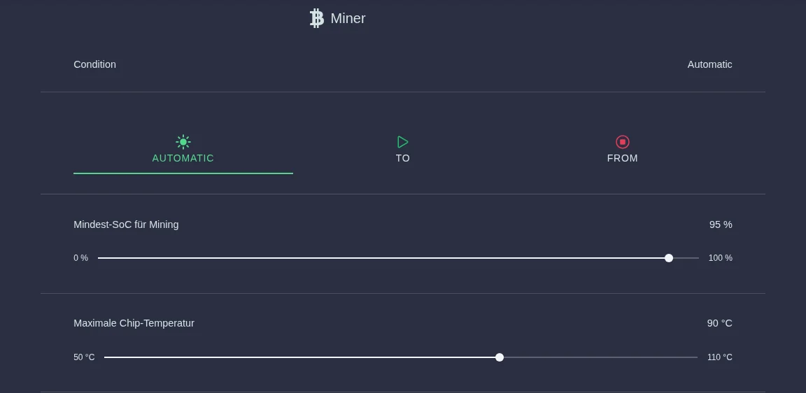 Miner settings with the modes Automatic, On and Off and sliders for minimum state of charge and maximum chip temperature