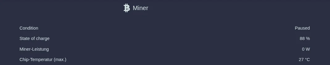 Miner overview: paused, state of charge 89 per cent, miner power 0 W, chip temperature 27 degrees