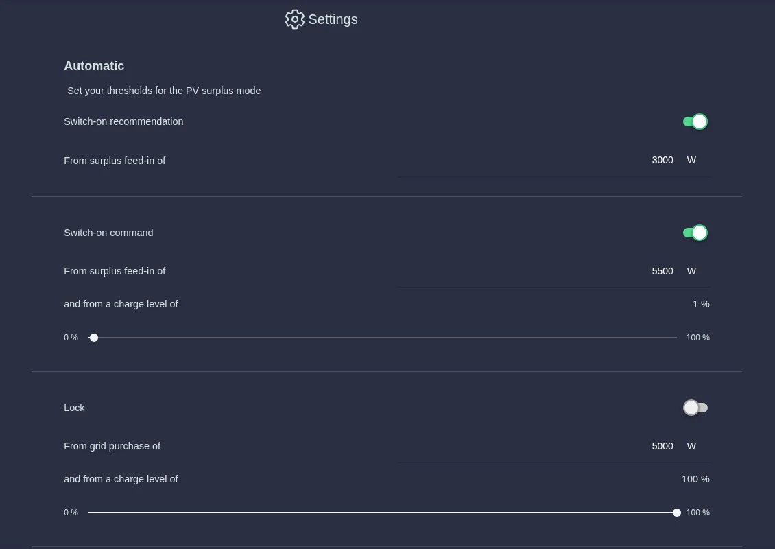 Automatic mode settings with thresholds for switch-on recommendation, switch-on command and lock