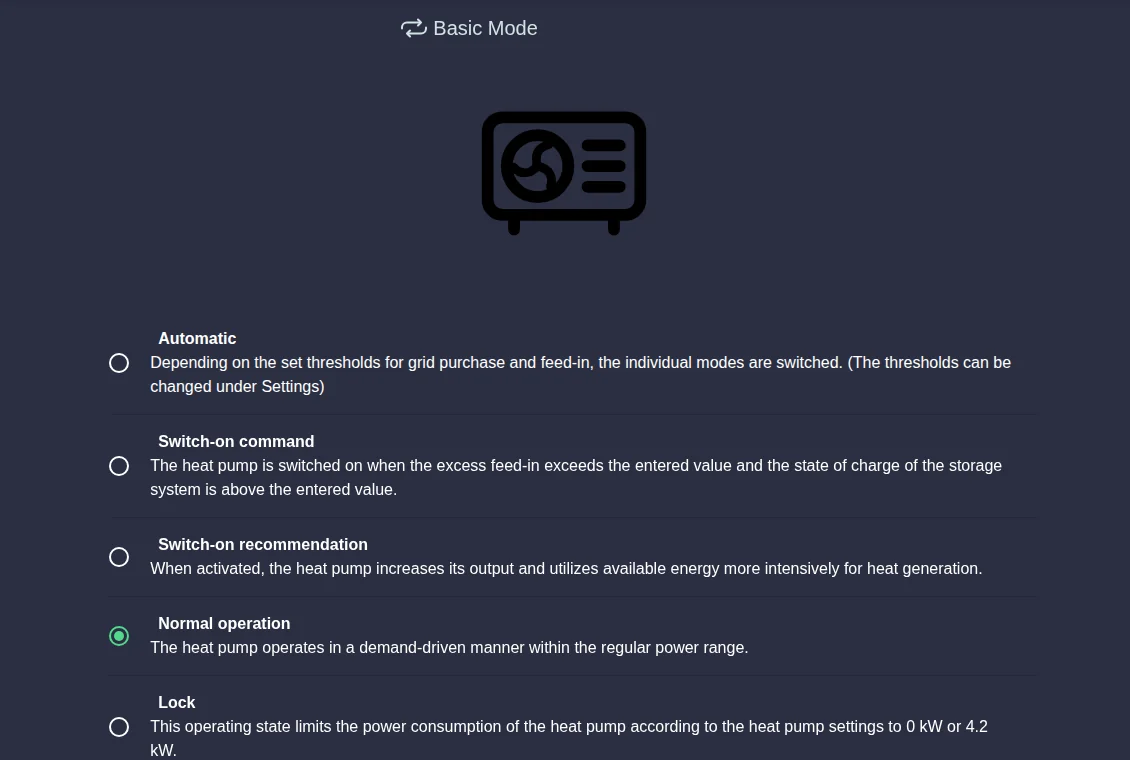 Basic mode with the options Automatic, Switch-on command, Switch-on recommendation, Normal operation and Lock