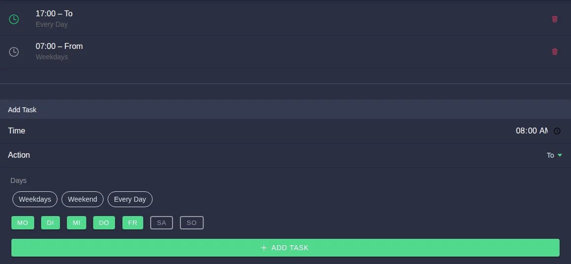 Schedule with two actions and, below, the area for adding a task