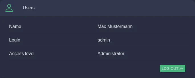 User page with name, login and access level