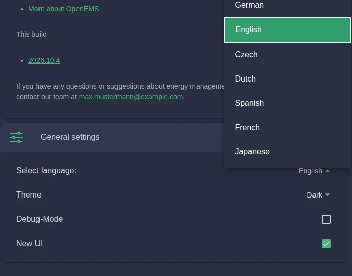 Choosing the language in the general settings