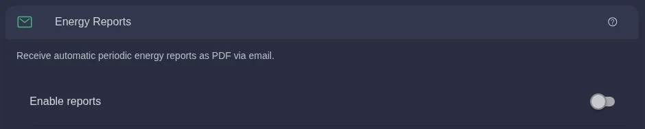 Energy Reports settings page with the Enable reports switch