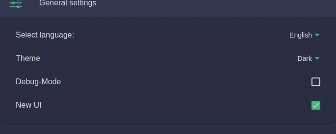 General settings with language, theme and New UI