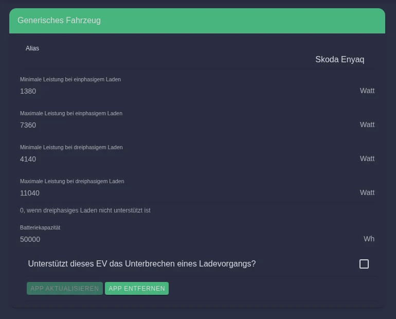 Eine installierte App bearbeiten mit den Schaltflächen App aktualisieren und App entfernen