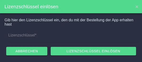 Dialog Lizenzschlüssel einlösen mit Eingabefeld und Schaltfläche Lizenzschlüssel einlösen