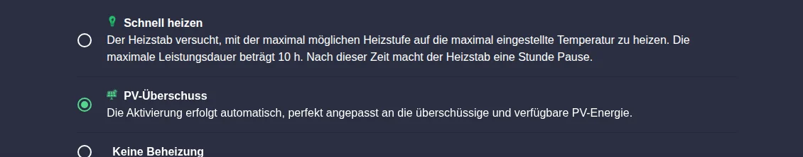 Auswahl der Heizmodi Schnell heizen, PV-Überschuss und Keine Beheizung