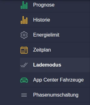 Menüpunkte der Ladestation