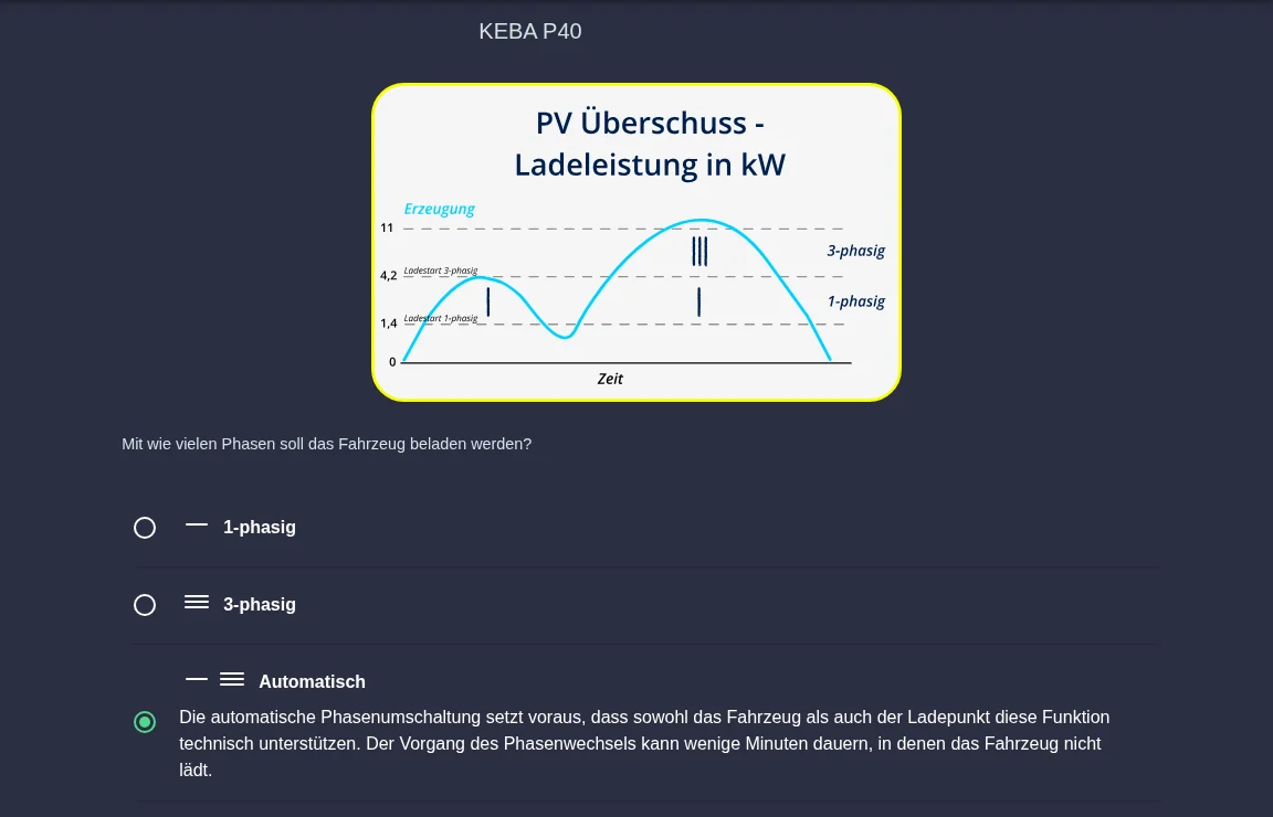 Phasenumschaltung mit Grafik und Auswahl 1-phasig, 3-phasig, Automatisch
