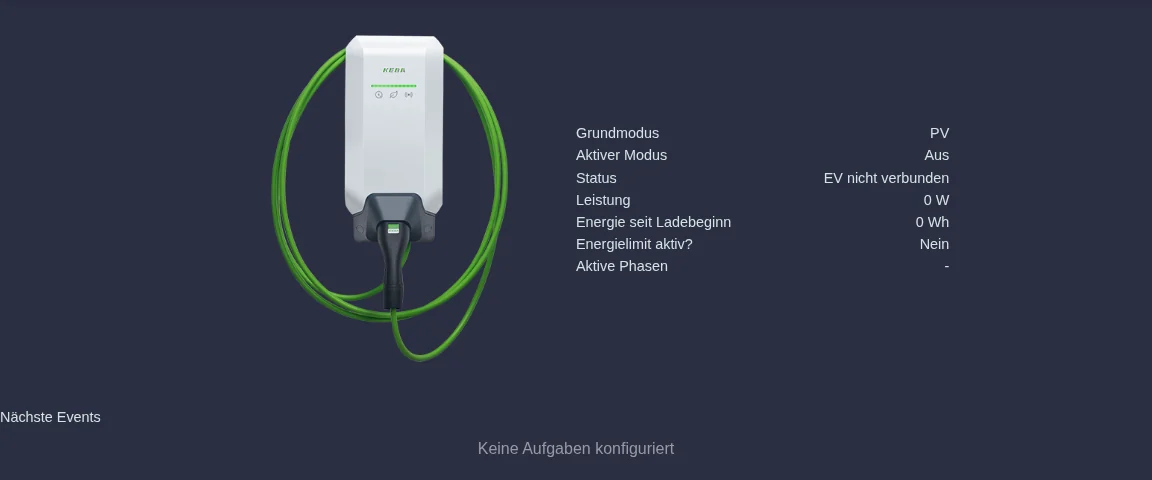 Startseite der Ladestation mit Grundmodus, Status, Leistung und nächsten Events