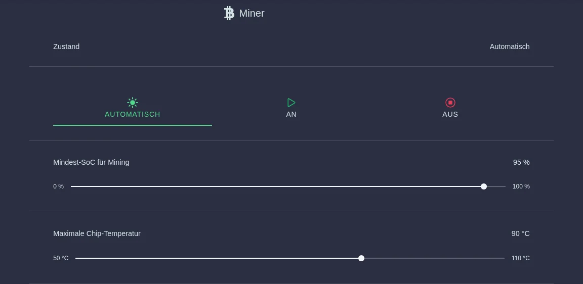 Einstellungen des Miners mit den Modi Automatisch, An und Aus sowie Schiebereglern für Mindest-SoC und maximale Chip-Temperatur