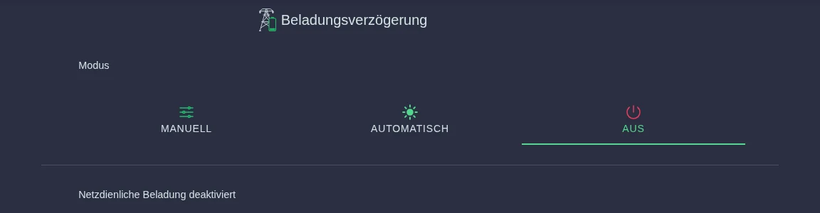 Einstellungen der Netzdienlichen Beladung mit den Modi Manuell, Automatisch und Aus
