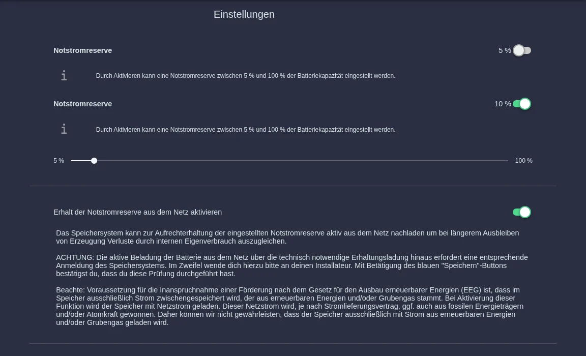 Einstellungen des Speichersystems mit zwei Notstromreserven, Schieberegler und dem Schalter für den Erhalt aus dem Netz