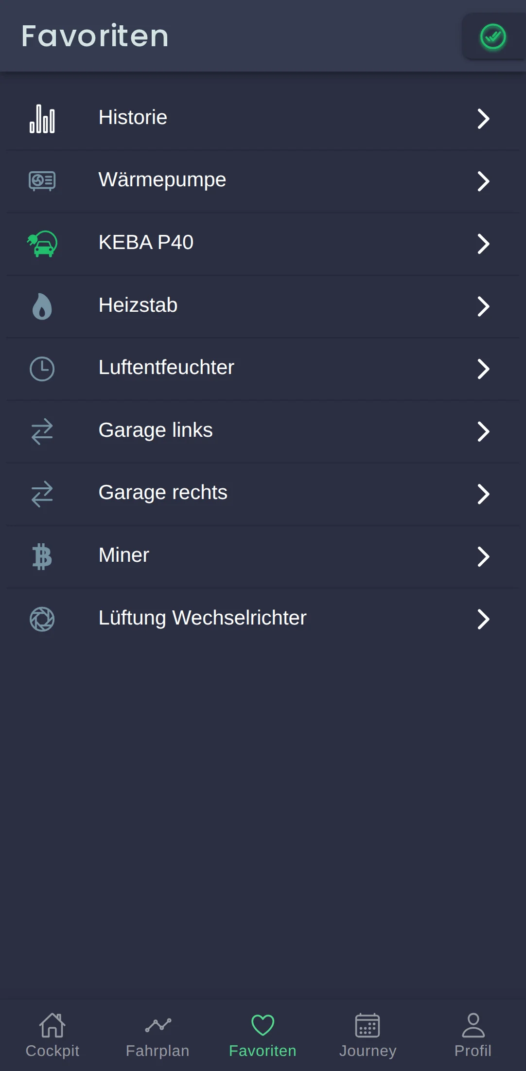 Favoriten in der App mit Luftentfeuchter, Garage links, Garage rechts, Miner und Lüftung Wechselrichter