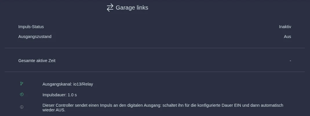 Übersicht eines Tasters mit Impuls-Status, Ausgangszustand, gesamter aktiver Zeit und Impulsdauer