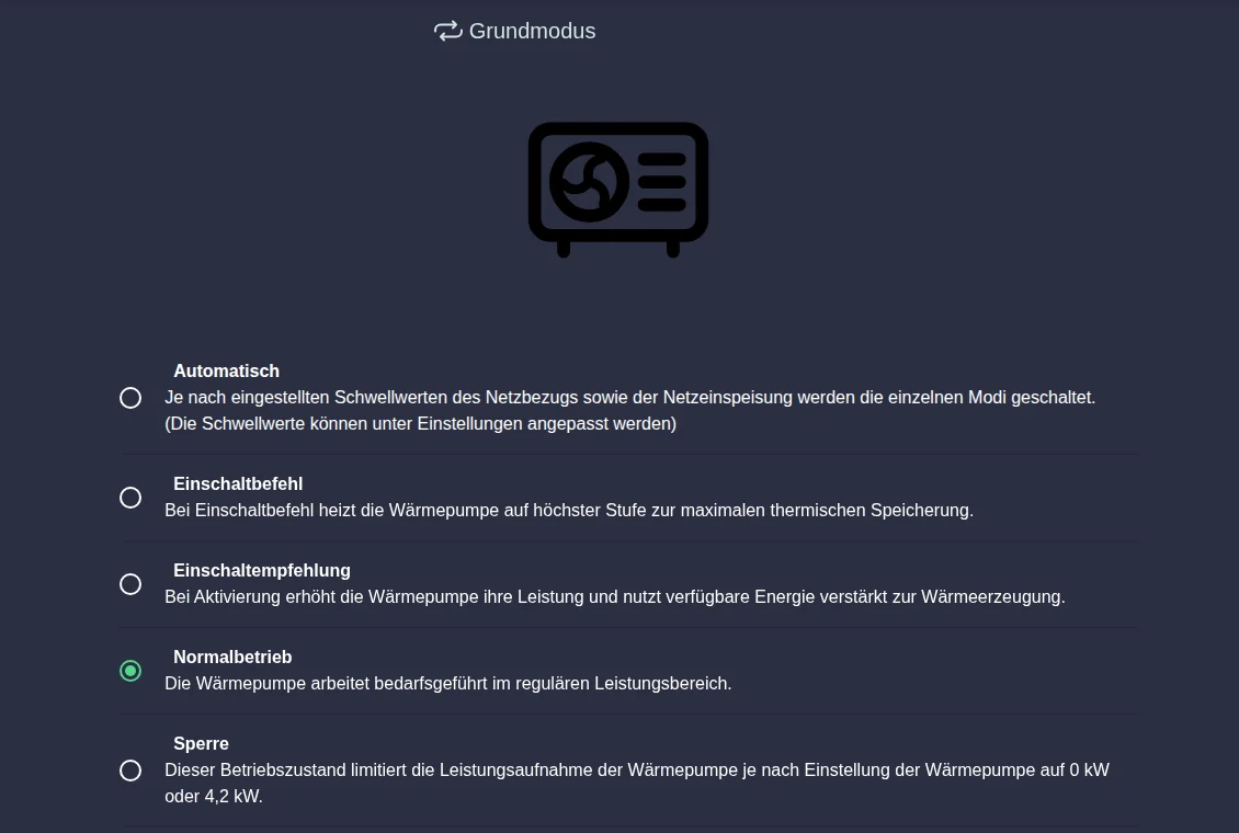 Grundmodus mit den Optionen Automatisch, Einschaltbefehl, Einschaltempfehlung, Normalbetrieb und Sperre