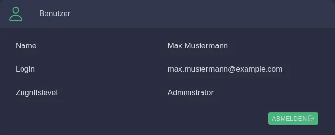 Benutzerseite mit Name, Login und Zugriffslevel