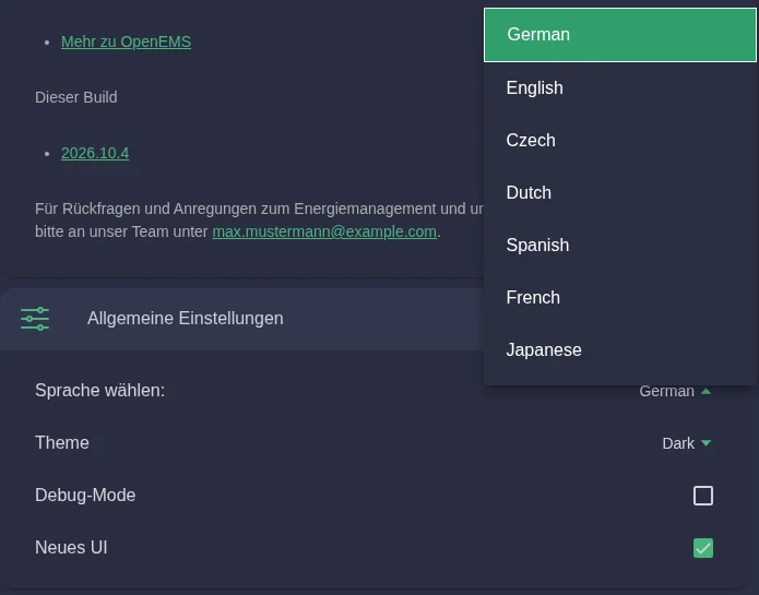 Auswahl der Sprache in den allgemeinen Einstellungen