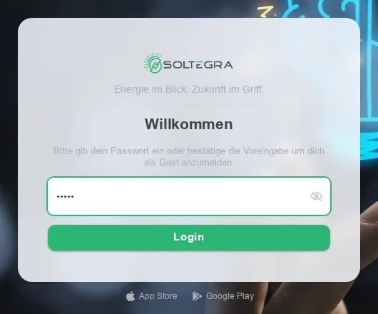 Anmeldeseite des SOLIO im Heimnetz mit Passwortfeld und Schaltfläche Login